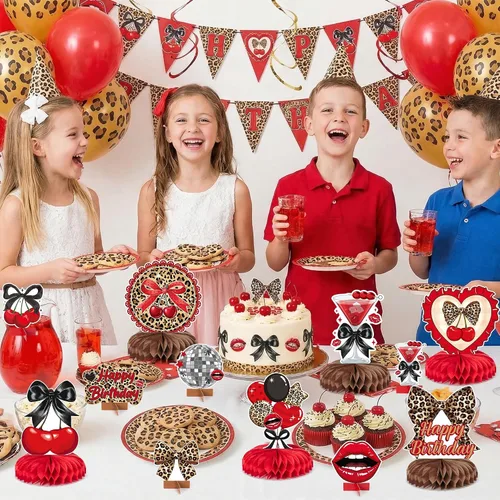 Vista 6 de Haooryx Centros de mesa de panal de cereza, guepardo rojo, 12 piezas, estampado de leopardo, lazo negro, decoración de mesa para fiesta