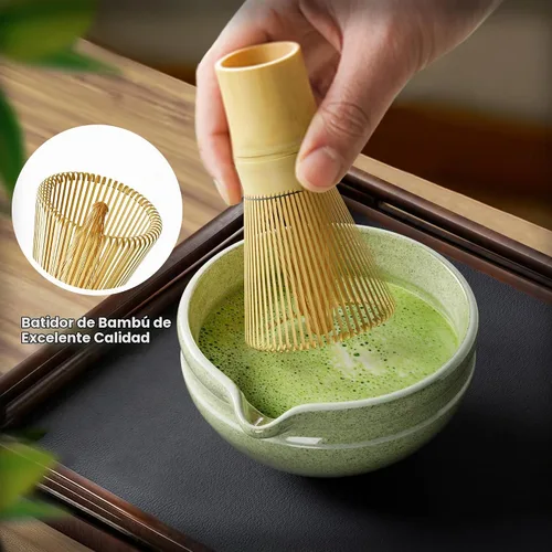 Vista 2 de Juego de batidor de matcha, kit perfecto para los amantes del matcha, incluye cuenco de cerámica, batidor de bambú, soporte, cuchara, tamiz y tela