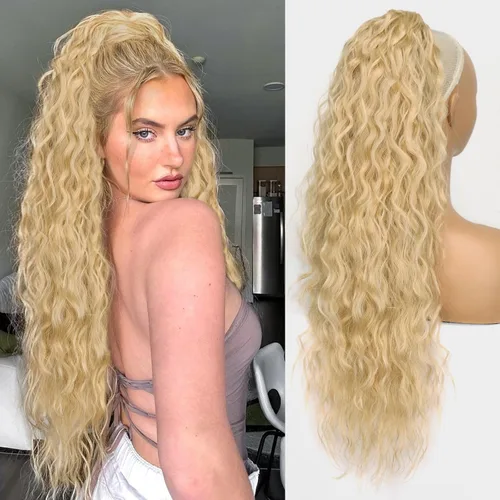 Vista 17 de Extensión de cola de caballo con cordón, extensión de cola de caballo larga y rizada para mujeres negras, extensiones de cabello negro de 26