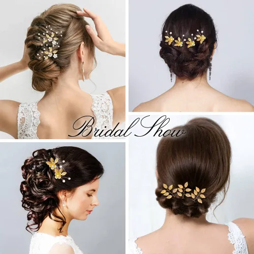 Vista 2 de inSowni Paquete de 12 horquillas doradas decorativas para bodas, fiestas de graduación, con hojas de flores, perlas, adornos para tocados de novia