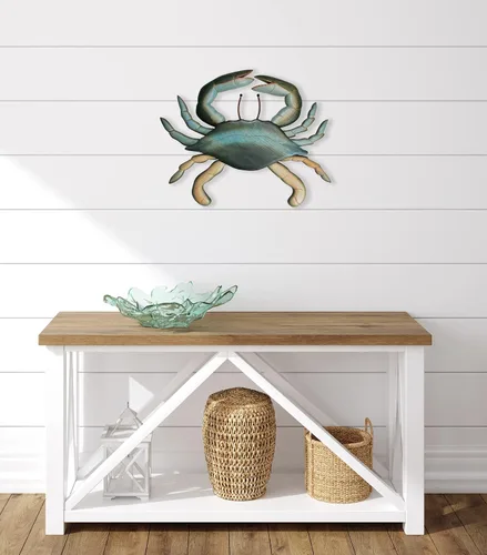 Vista 4 de T.I. Design Cangrejo azul de madera tallada a mano Decoración de pared de playa náutica costera de Nueva Inglaterra
