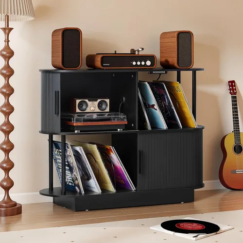 Vista 7 de Soporte moderno para tocadiscos con almacenamiento de vinilo, soporte de almacenamiento para tocadiscos negro de 40 pulgadas con puerta corredera