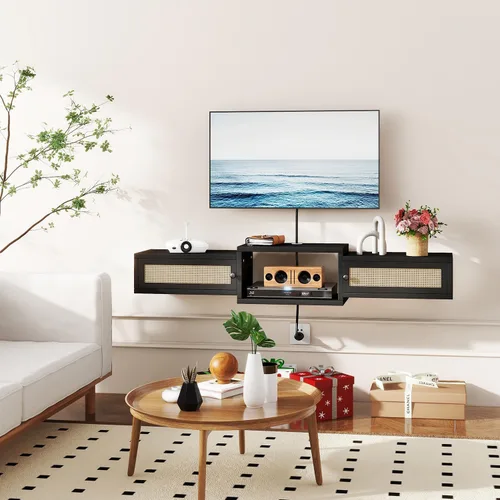 Vista 4 de IBUYKE Soporte flotante moderno de ratán para TV con puertas, estante de TV montado en la pared para televisores de hasta 55 pulgadas, consola