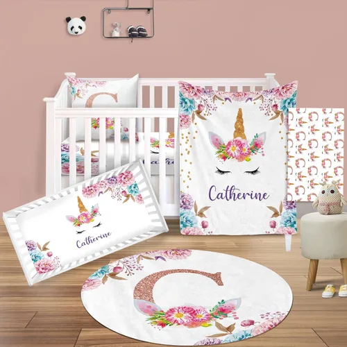 Vista 17 de Juego de ropa de cama de bebé personalizado, ropa de cama de elefante rosa para bebé, manta de bebé, sábana bajera ajustable, funda cambiadora