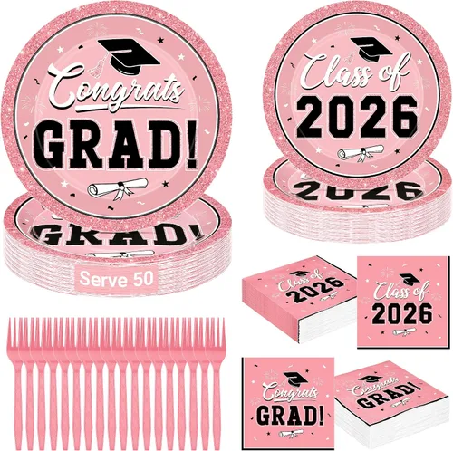 Vista 17 de QZYL 200 suministros para fiesta de graduación 2026, platos y servilletas de graduación negros y dorados, platos de postre desechables y tenedores