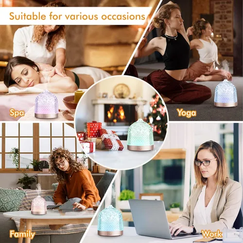 Vista 6 de Difusor de aceite esencial de 200ml con depósito de vidrio, cúpula de vidrio, difusor de aromaterapia ultrasónico, con temporizador de cuatro