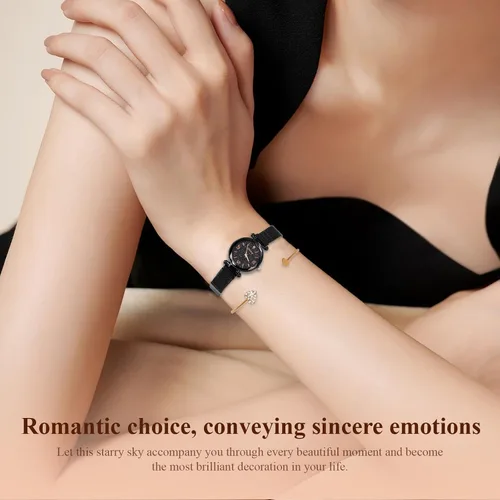 Vista 6 de Reloj de pulsera de cuarzo de lujo con esfera de cielo estrellado para mujer, reloj de malla magnética y pulsera
