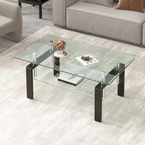 Vista 17 de Mesa de centro rectangular de vidrio para sala de estar, con mesa de vidrio templado y capa de MDF, para sala de estar y oficina