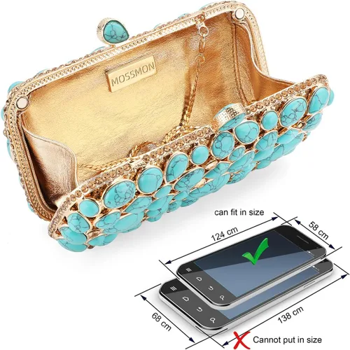 Vista 4 de Bolso de mano de noche de cristal turquesa elegante para novia, boda, fiesta, para mujer