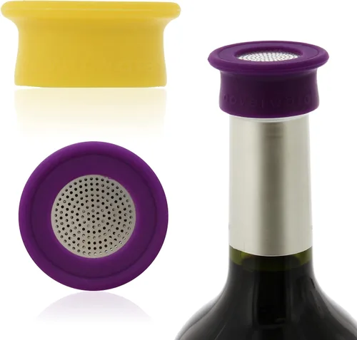 Vista 7 de Drink Tops - Fundas para botellas ventiladas, paquete de 2, color negro y blanco, fundas de silicona sin BPA para proteger el vino de elementos al