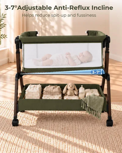 Vista 5 de Cuna de bebé 5 en 1, cama de noche con balanceo suave, 7 alturas, verde