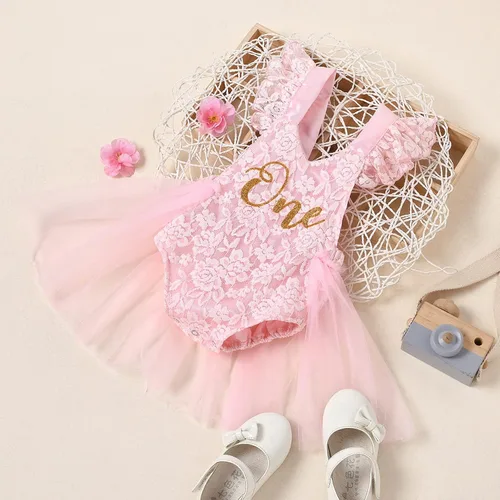 Vista 2 de AWIBMK Conjunto de 2 piezas de 2 piezas para bebé niña de primer cumpleaños con encaje y tutú de princesa, diadema para sesión de fotos