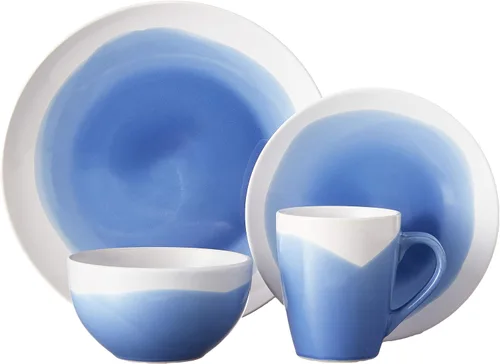 Vista 2 de American Atelier Juego de vajilla redonda Platos, cuencos y tazas de cocina azul y blanco Colección Oasis de 16 piezas de cerámica de 10.5 x