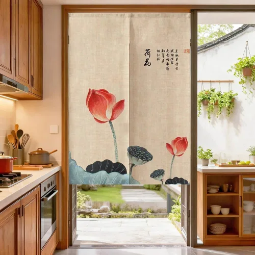 Vista 6 de MYRU Tapiz de cortina japonesa Noren para puerta (loto verde, 33.5 x 59 pulgadas)
