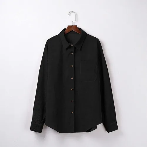 Vista 6 de Blusas de pana con botones para mujer, de manga larga, estilo casual, con solapa, acolchada, cárdigan liso, con bolsillo holgado