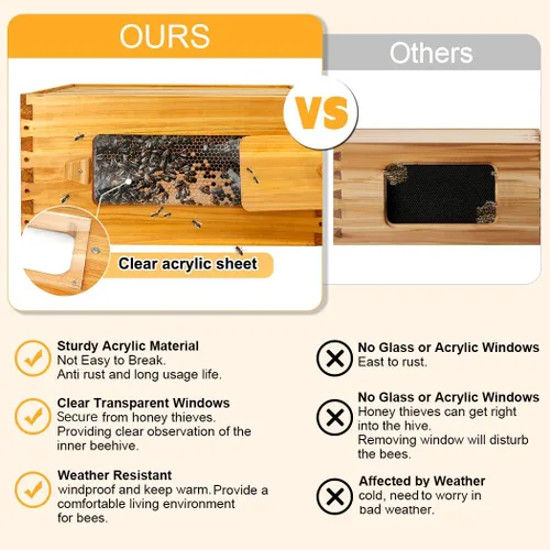 Vista 6 de BeeCastle Colmena Langstroth de 10 marcos con ventanas, colmena de abejas recubierta con cera de abejas para principiantes con marcos de colmena