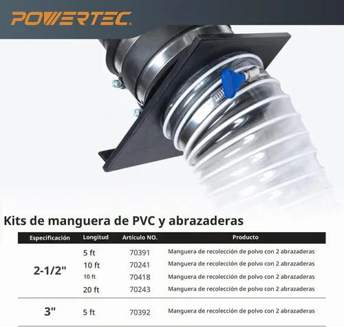 Vista 8 de POWERTEC Manguera de recolección de polvo de 4" x 5' con 2 abrazaderas de manguera de llave para sierra de mesa, sierra de cinta, cepilladora