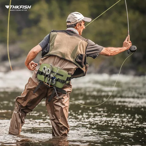 Vista 9 de thkfish Riñonera de pesca impermeable, bolsa de aparejos de pesca con correa ajustable, soporte para caña de pescar, cierre hermético de cremallera