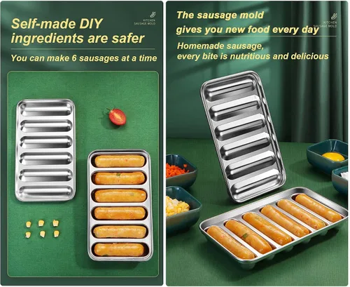 Vista 5 de Molde de salchicha de acero inoxidable con 6 cavidades para perros calientes caseros, molde antiadherente para perritos calientes para horno