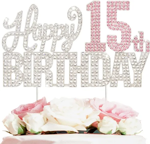 Vista 23 de Decoración de pastel de diamantes de imitación rosa y plateado con texto en inglés "Cheers to 11 Years Old Eleven Bday" de metal brillante