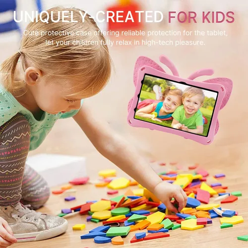 Vista 11 de FW Fire 7 - Funda para tablet para niños, Amazon Fire 7 2022, funda de mariposa con luz de atril, EVA, protección contra caídas, resistente, a