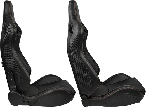 Vista 3 de IKON MOTORSPORTS, Par de asientos universales de carreras con deslizadores dobles, color negro con puntada naranja PU y cuero de carbono