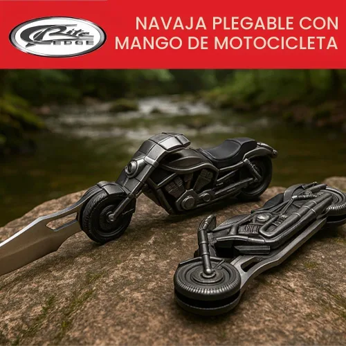 Vista 4 de Rite Edge - Cuchillo plegable para motocicleta de 4.75 pulgadas, hoja de acero inoxidable grabada, mango de metal fundido, luz LED integrada