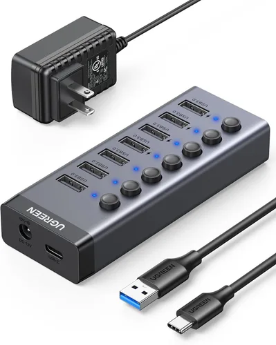 Vista 9 de UGREEN - Hub USB 3.0, adaptador USB de 7 puertos con 4 puertos de carga inteligente, divisor USB con interruptores individuales de encendido/apagado