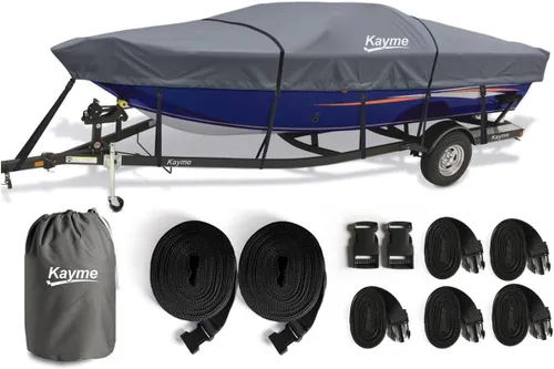 Vista 15 de Kayme Cubierta de lancha resistente 1200D para barcos de 14 a 16 pies, impermeable, resistente al desgarro con correas reforzadas al viento, ideal
