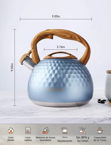 Vista 5 de BELANKO - Tetera de acero inoxidable de 2.7 cuartos de galón para estufa, de grado alimenticio con mango de patrón de madera, con silbido fuerte