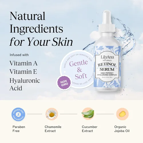 Vista 3 de LilyAna Naturals Suero de retinol, fabricado en Estados Unidos, suero facial antienvejecimiento con ácido hialurónico y vitamina E, reduce