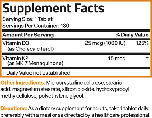 Vista 8 de Bronson Vitamina K2 (MK7) con D3 Dosis Más Baja 45mcg Vitamina K2 y 1000 UI Vitamina D3 Fácil de Tragar Mantenimiento Diario Fórmula 2 en 1 Sin OGM