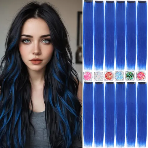 Vista 11 de Extensiones de cabello de colores, extensión de cabello liso con clip de 22 pulgadas, extensiones de cabello con brillantina multicolor arcoíris