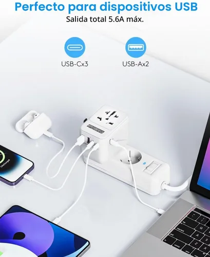 Vista 3 de Adaptador de viaje universal, adaptador de enchufe de alimentación internacional con 3 puertos USB-C y 2 puertos USB-A, cargador de pared todo