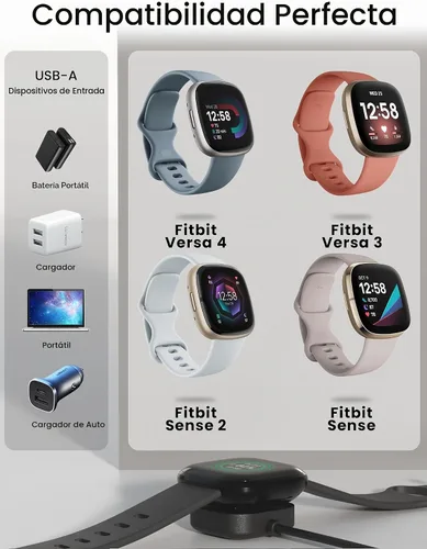 Vista 2 de Compatible con Fitbit Sense y Versa 3 Charger Cable de carga de repuesto para Sense 2, Versa 4 Smartwatch de 3.3 pies, cable inalámbrico magnético
