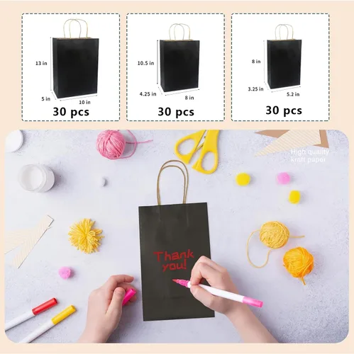 Vista 4 de FACEBAG Paquete de 90 bolsas de papel kraft negro con asas a granel, bolsas de regalo de varios tamaños para favores, comestibles, venta al por
