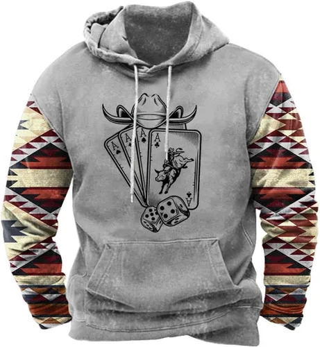 Vista 9 de HOTYD Western Cowboy Hooded Sweatshirt Vintage Aztec Pullover Men Casual Long Sleeve Drawstring Hoodies with Pocket