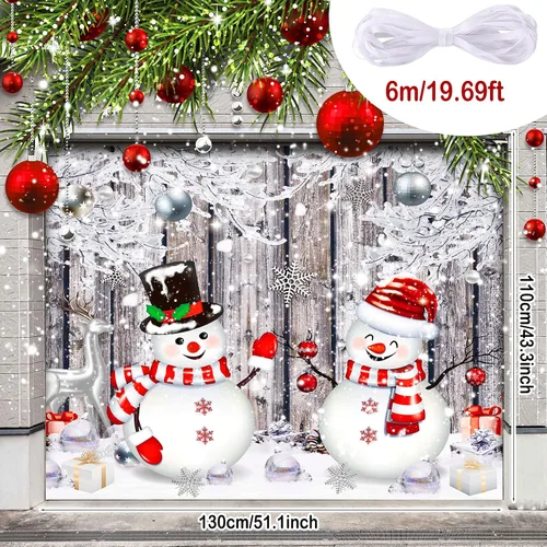 Vista 2 de Qeeenar Pancarta de Muñecos de Nieve para Puerta de Garaje, Decoración de Invierno, Cubierta de Garaje de Vacaciones, Cubierta de Puerta Grande
