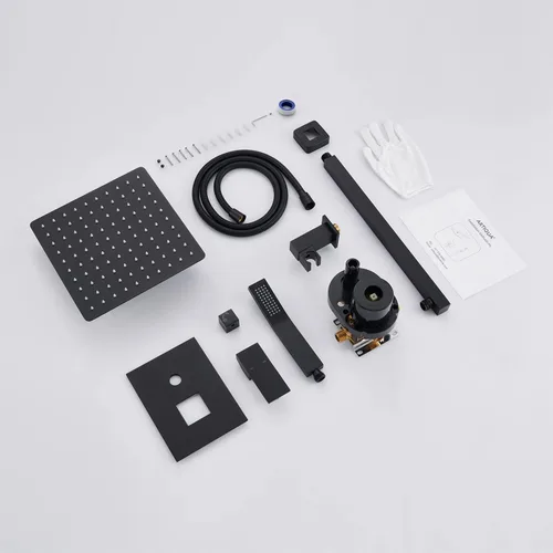 Vista 6 de Sistema de ducha de 10 pulgadas, juego combinado de ducha de lluvia, grifo de montaje en pared negro, grifos de baño con cabezal de ducha de lluvia