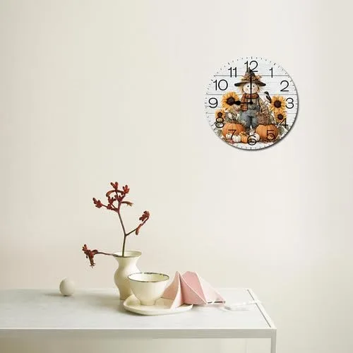 Vista 5 de Preciosas calabazas espantapájaros con hojas de otoño, reloj de cosecha de Hello Fall para sala de estar, reloj de pared redondo de 10 pulgadas