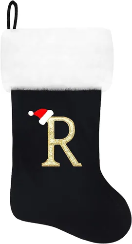 Vista 64 de Calcetines de Navidad bordados de 20 pulgadas con monograma, terciopelo negro con puño de felpa blanca supersuave, adornos clásicos para decoración