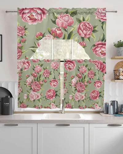 Vista 2 de Juego de cortinas de cocina con festón floral verde salvia, cenefa y nivel, 24 pulgadas de largo, diseño retro de flores rosa pastel, cortinas