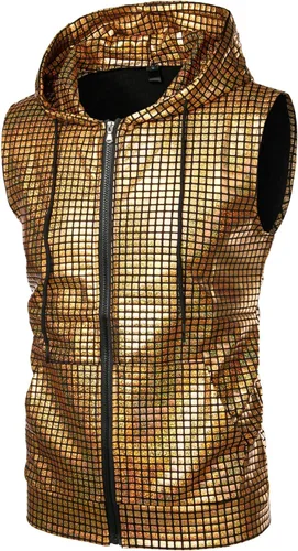 Vista 3 de ZEROYAA Chaleco con capucha y cremallera metálica brillante para hombre, con bolsillo tipo canguro
