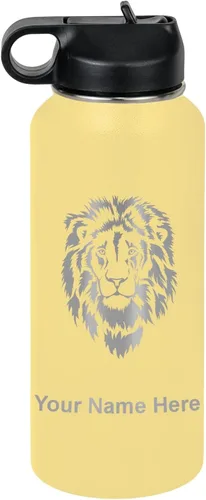 Vista 57 de LaserGram Botella de agua personalizada, cabeza de león, acero inoxidable de doble pared aislada al vacío con popote superior, regalo grabado