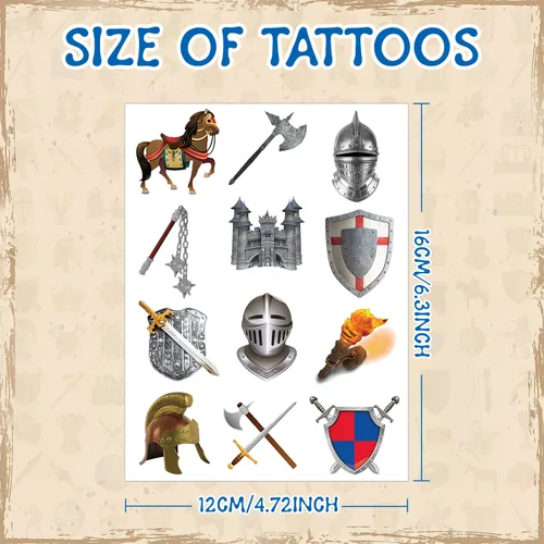 Vista 3 de 288 tatuajes temporales medievales de castillo de caballero, corona, castillos medievales, suministros de decoración para niños y adultos, disfraz