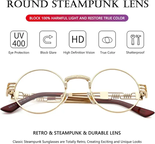 Vista 4 de AIEYEZO Gafas de sol redondas steampunk Circle Lennon Hippie, marco de metal, lente de bloqueo UV 100%