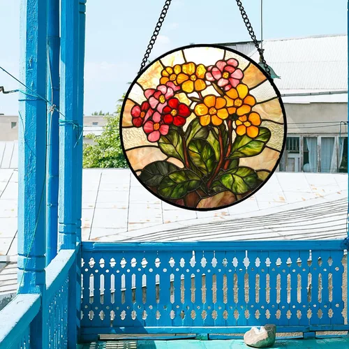 Vista 3 de Atrapasoles para colgar vidrieras, flores amarillas y rojas, para ventana, puerta, decoración del hogar, plantas verdes, atrapasoles, Navidad, Día
