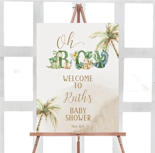 Vista 10 de Letrero de bienvenida para baby shower, personalizado, tema de dinosaurio para eclosionar, varios tamaños