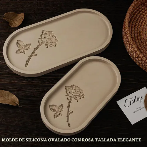 Vista 2 de Wehous Moldes ovalados para hormigón de resina, molde de silicona ovalada tallada en rosa de 2 tamaños, bandeja de resina epoxi para soporte