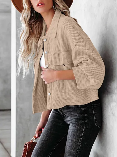 Vista 4 de BZB Chaquetas de punto gofre para mujer, ligera, recortada, de manga larga, con botones